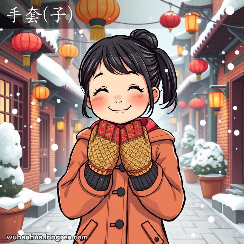 武汉冬日街景，小女孩拿着五彩手套，背景有红砖墙和传统灯笼