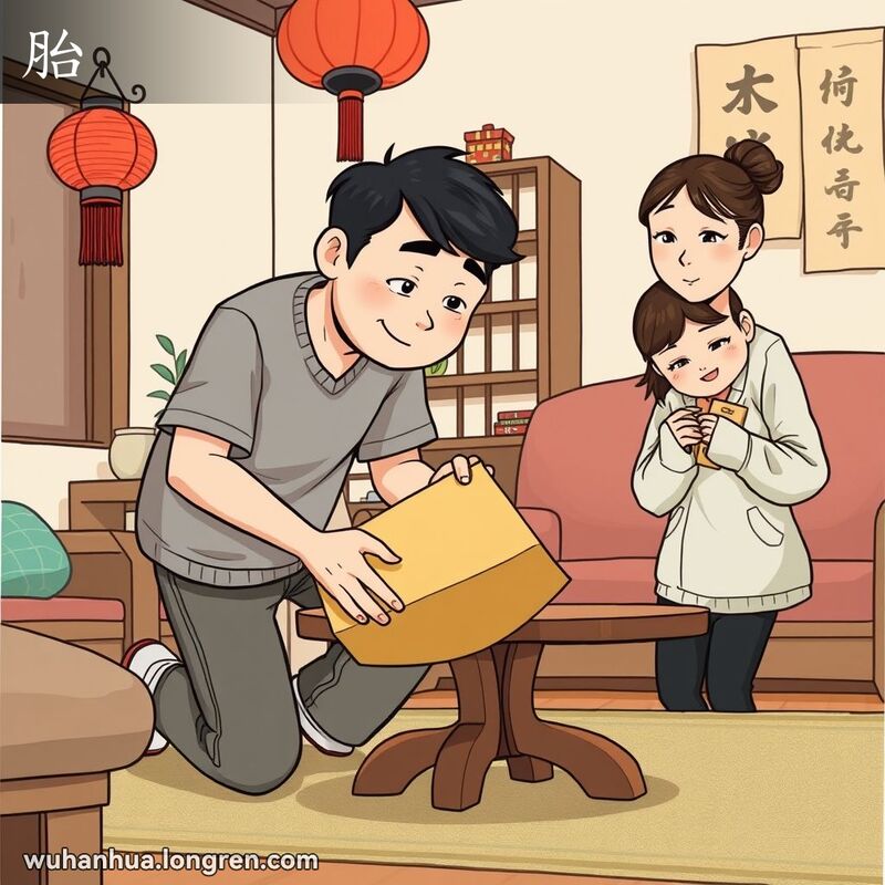 一位男子在客厅垫硬纸板稳定桌腿，背景有传统中国装饰，另一侧女子偷偷藏小荷包。