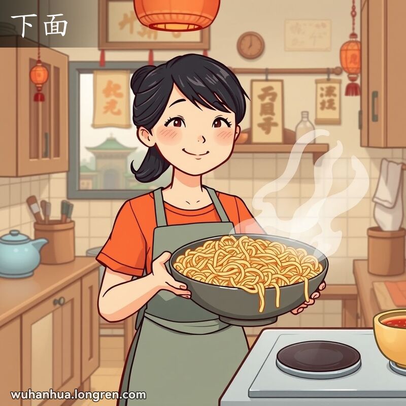 一位武汉妇女在厨房里端着一碗热气腾腾的面条，背景是传统的武汉厨房。