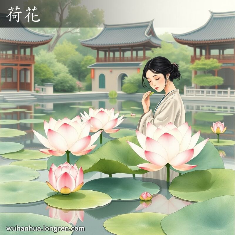 宁静的池塘中漂浮着几朵大而美丽的荷花，周围是绿植和传统建筑，一位年轻女子正嗅着荷花。