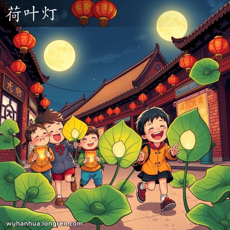 中秋节夜晚，孩子们在武汉老街上玩荷叶灯，背景有传统建筑和红灯笼