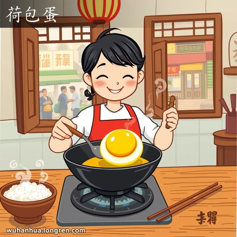 一位武汉市民在厨房煎荷包蛋，背景有木桌和热气腾腾的米饭，窗外是武汉街头景象