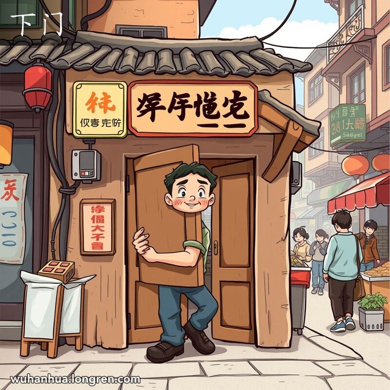一位武汉店主在早晨抬起木门板开门营业，背景是热闹的武汉老街市场