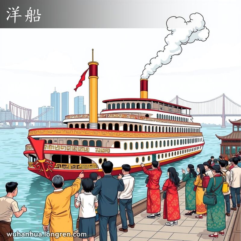 武汉河港，现代轮船停靠在码头，当地人聚集观看，背景是武汉天际线和长江大桥