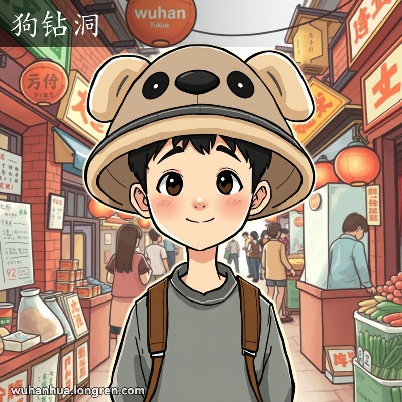 一位武汉市民戴着“狗钻洞”帽子站在热闹的市场中，帽子覆盖头部和耳朵，露出脸部，背景是武汉老街景。