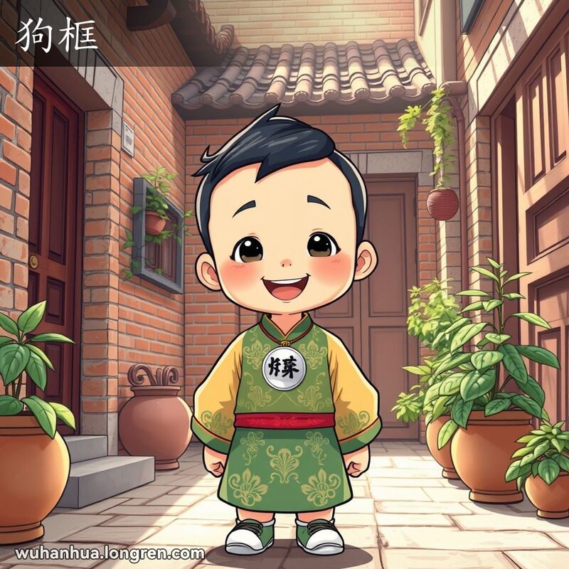 一位穿着传统服装的武汉儿童，站在老式庭院中，脖子上戴着银制的“狗框”装饰，背景是武汉老式庭院。