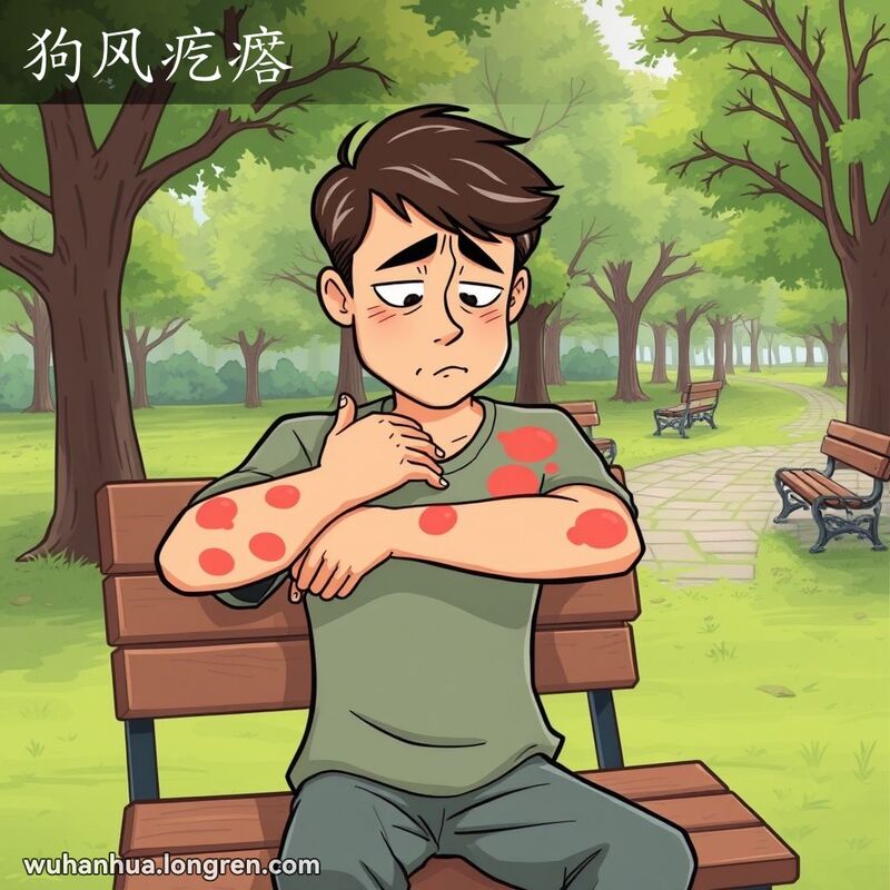 一个人坐在公园长椅上，挠着手臂上的红肿疹子，表情不舒服，背景是宁静的公园场景。