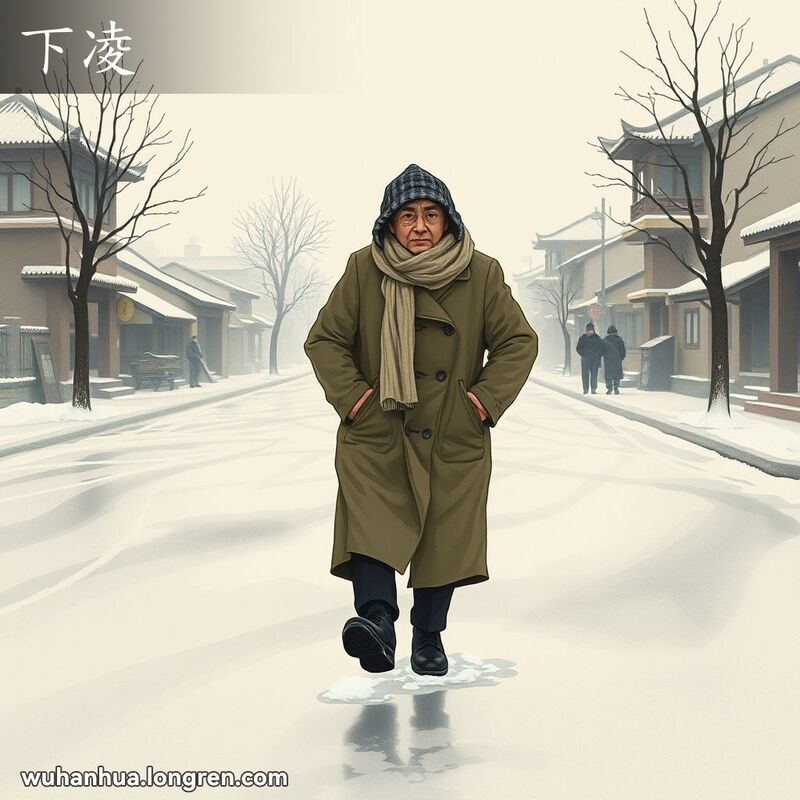 寒冷的武汉冬日早晨，地面结冰，行人小心翼翼地走在滑溜溜的路上，背景是老建筑和光秃秃的树木。