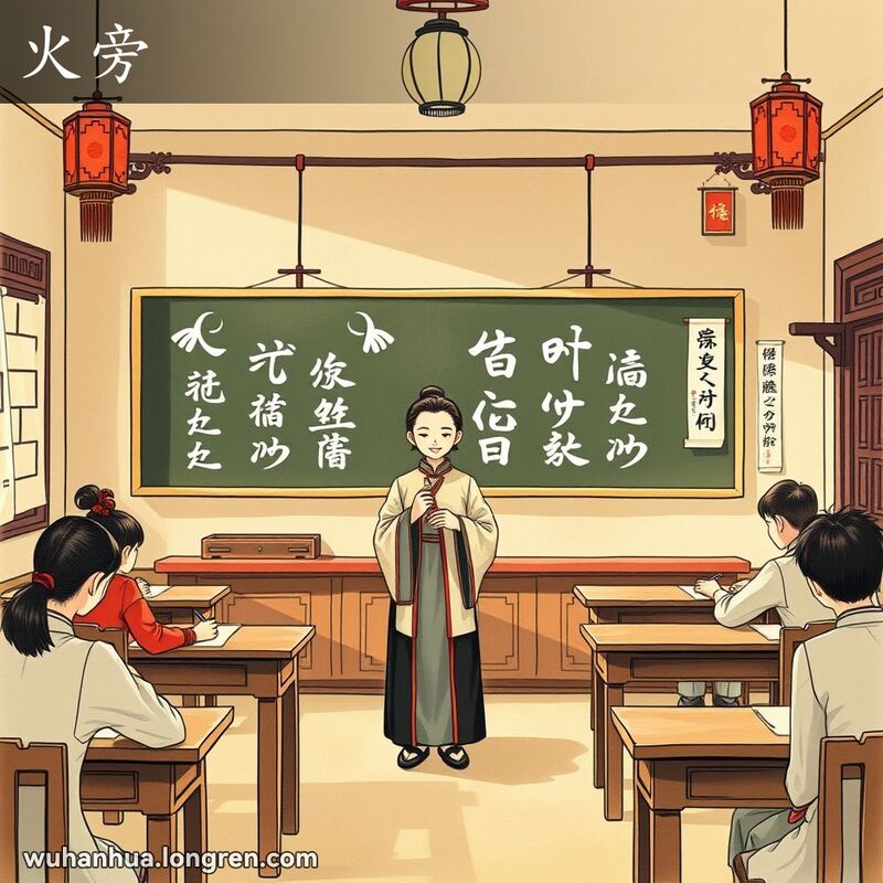 老师在教室里讲解带有“火旁”的汉字，学生们专注听讲，教室温馨自然。