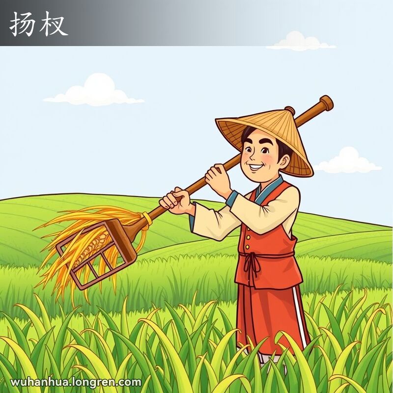 一位武汉农民在麦田中使用长柄农具挑麦草，背景是绿色田野和蓝天