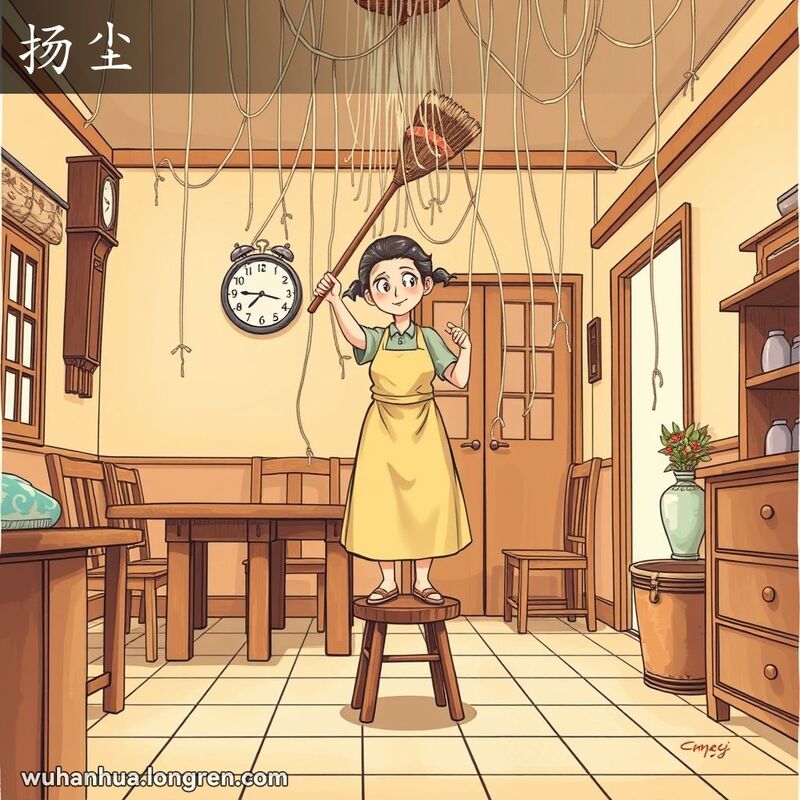 一位武汉妇女站在凳子上，用扫帚清扫天花板和墙壁上的扬尘，房间内有木质家具和瓷砖地板。
