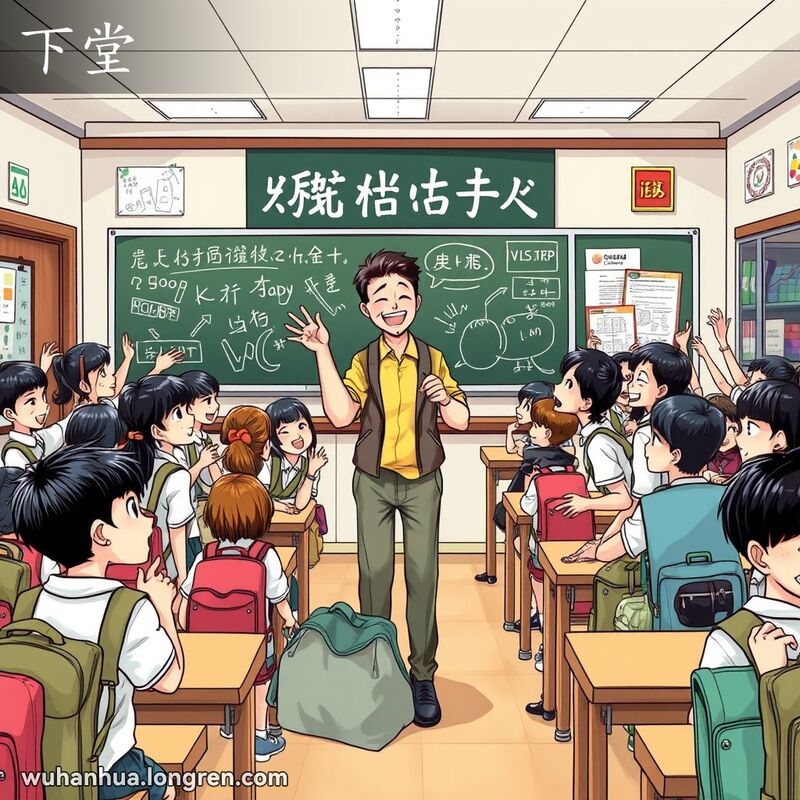 武汉学校教室里，学生们兴奋地收拾书包准备下课，老师微笑着指向门口，黑板上写满粉笔字。