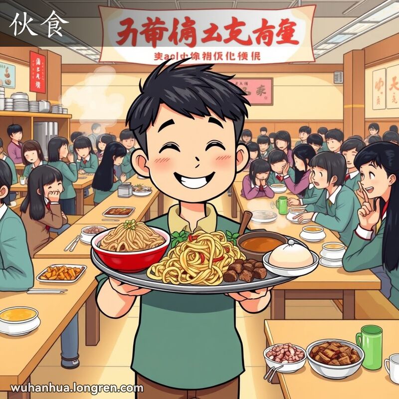 武汉学校食堂里，学生和员工们正在享用午餐，主角学生手持餐盘，脸上带着满意的笑容。