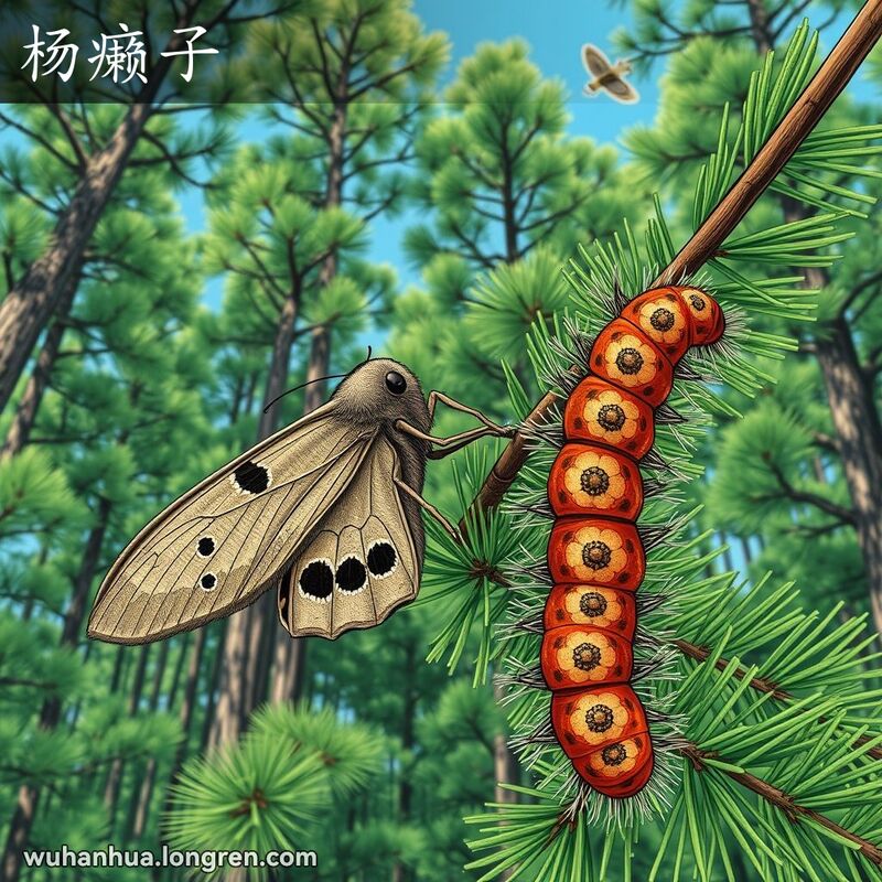 松树林中，一只灰褐色的松毛虫成虫停在树枝上，旁边的幼虫正在啃食松针，展示了“杨癞子”的生态危害。