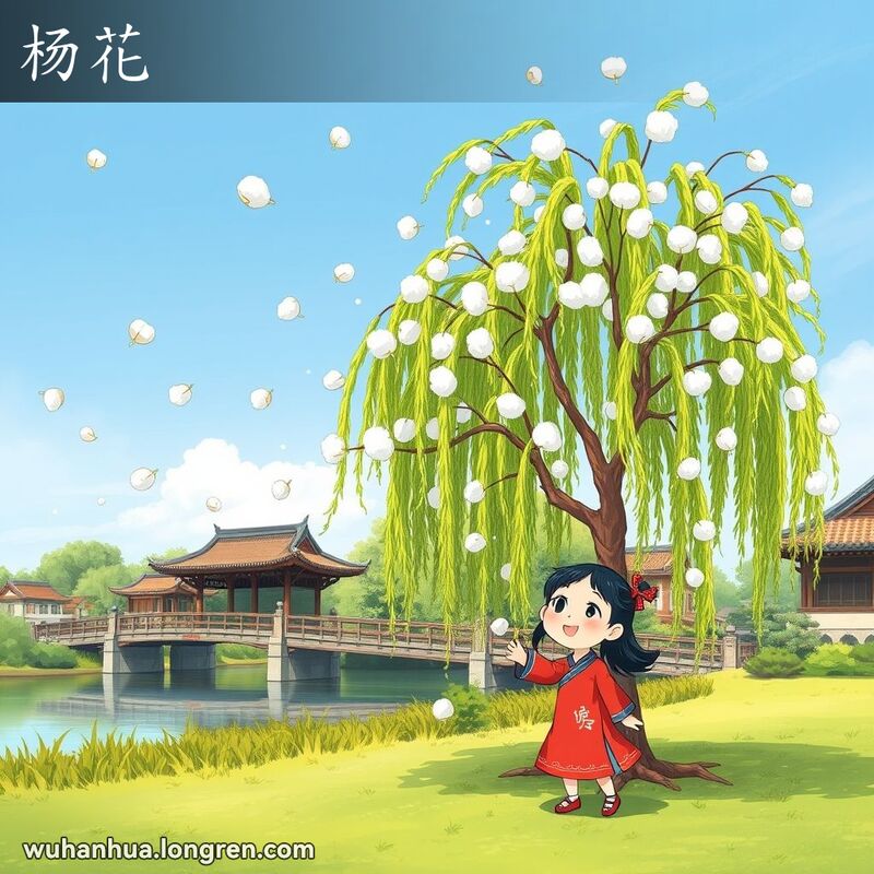 武汉春天，柳树下柳絮飘飞，小女孩嬉戏抓柳絮，背景是宁静的河流和传统建筑