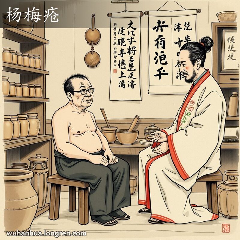 一位中年男子在武汉中医诊所里，皮肤有溃疡和肿大的淋巴结，医生正在检查，背景有中医工具和古代医学文献
