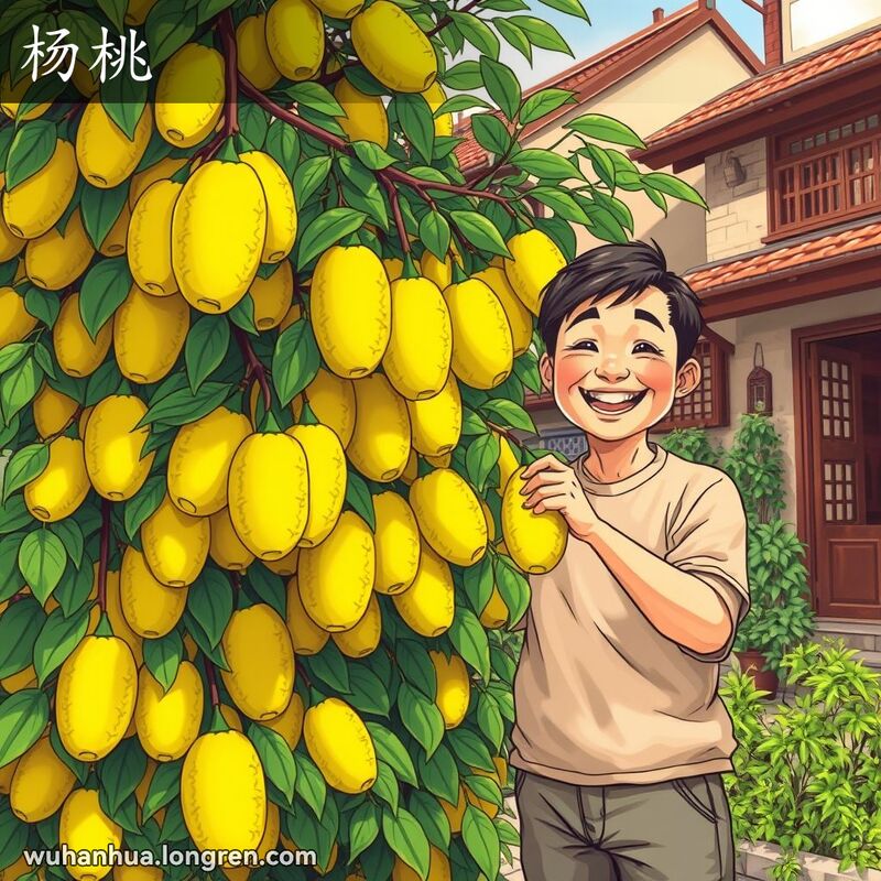 一位武汉居民站在常绿灌木旁，手持椭圆形的杨桃果实，背景是武汉街区