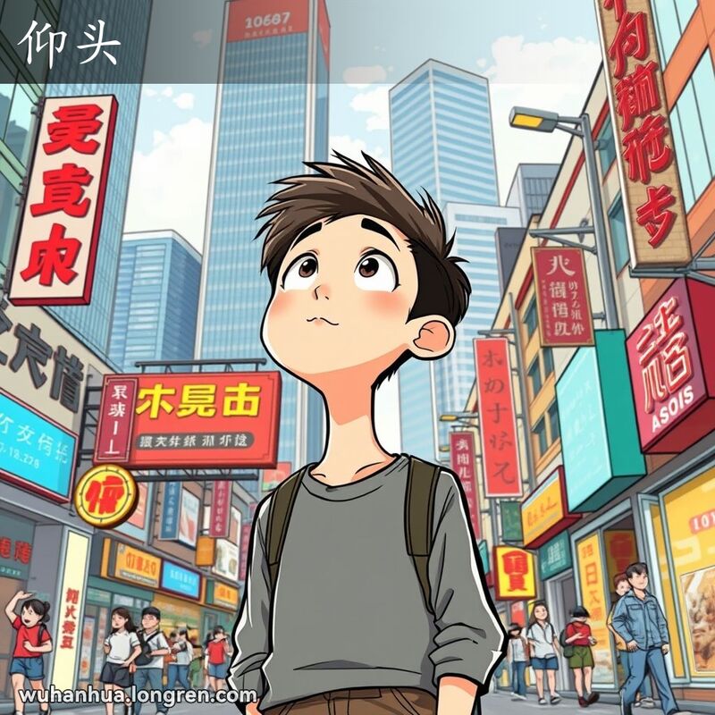 一位武汉市民站在街道上抬头仰望，背景是武汉城市景观