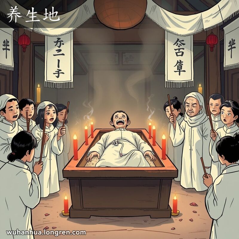 传统武汉葬礼场景，棺材中的尸体突然坐起，吊唁者露出惊恐表情，表现“养生地”的意思。
