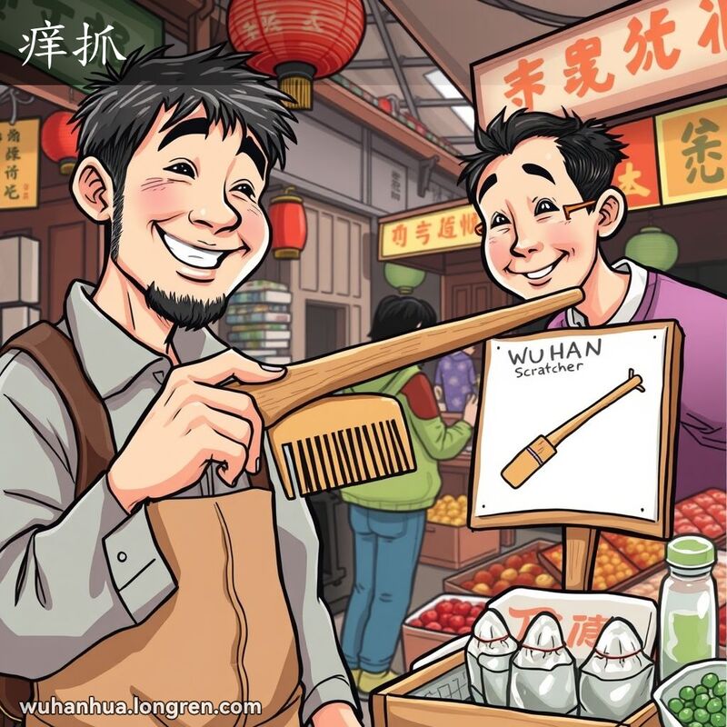 武汉街市摊贩展示长柄木制挠痒工具，顾客好奇观看，背景是热闹的市场摊位