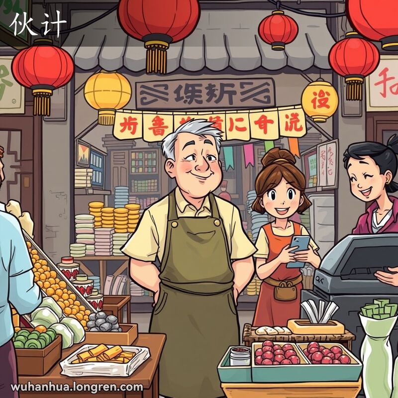 武汉传统市场中，店主和三个助手在店铺中忙碌，背景是传统中国建筑和红灯笼