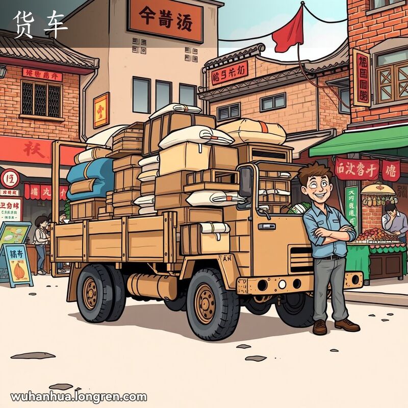一辆大型货车停在武汉传统市场前的街道上，车上堆满货物，司机准备卸货，背景是老建筑和小摊贩