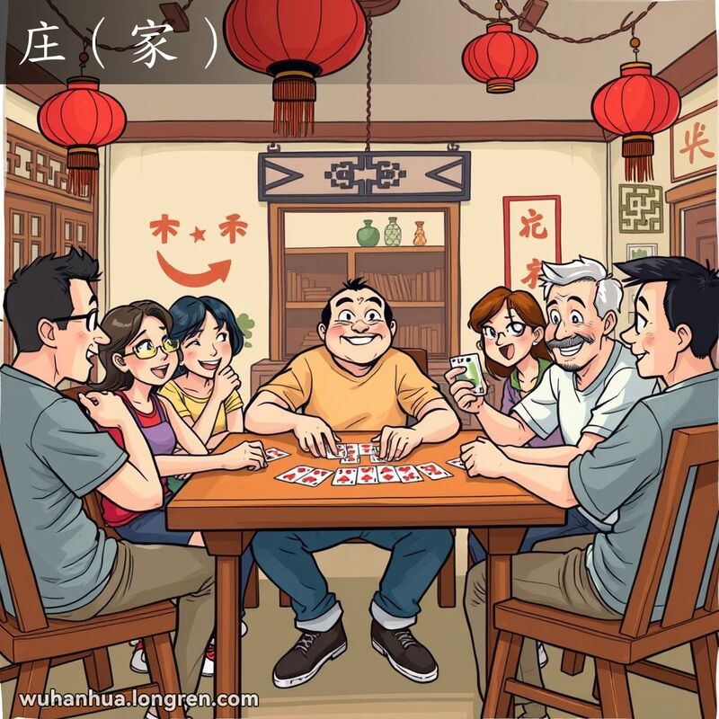 一群朋友在武汉风格的房间里玩牌，主角是这一轮的“庄家”，其他人是“平家”，气氛热闹有趣。