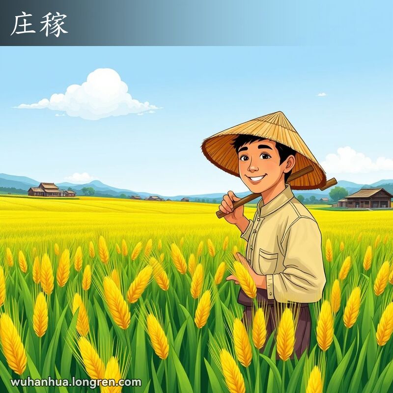 一位农民站在丰收的麦田中，背景是传统的中国农村景象，田野里金黄的麦子和远处的小村庄。