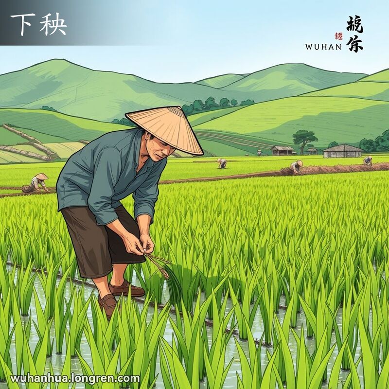一位农民在武汉的稻田中插秧，背景是绿油油的稻田和远处的山丘，天空湛蓝。