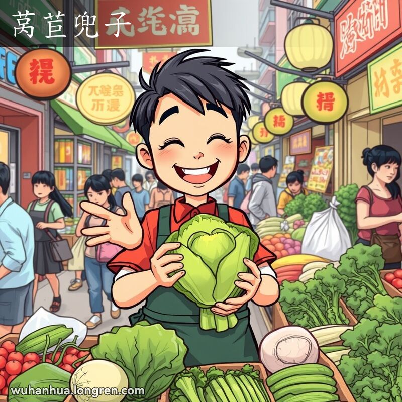 武汉街头市场小贩手持生菜，背景有其他摊贩和顾客