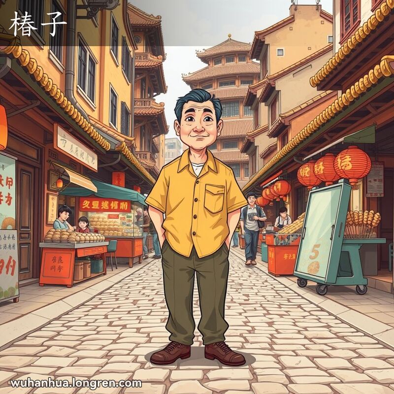 一位中年男子站在武汉老街上，脚踏实地，展现出稳重的姿态，背景有传统小吃摊和老式建筑