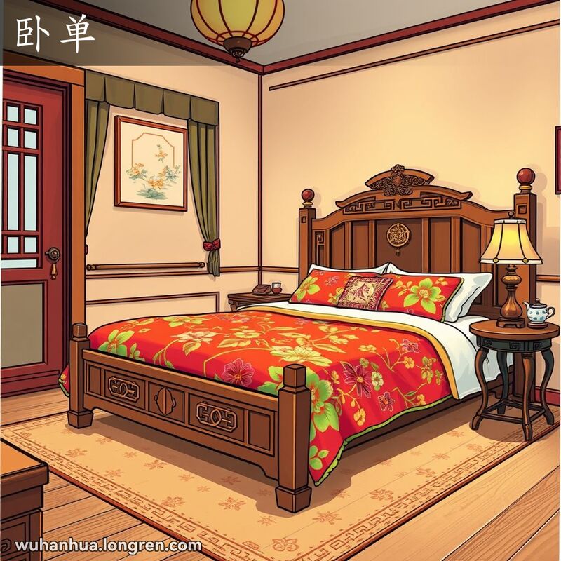 一间温馨的卧室，床上铺着色彩鲜艳、带有花卉图案的床单，体现了武汉方言“卧单”的含义。
