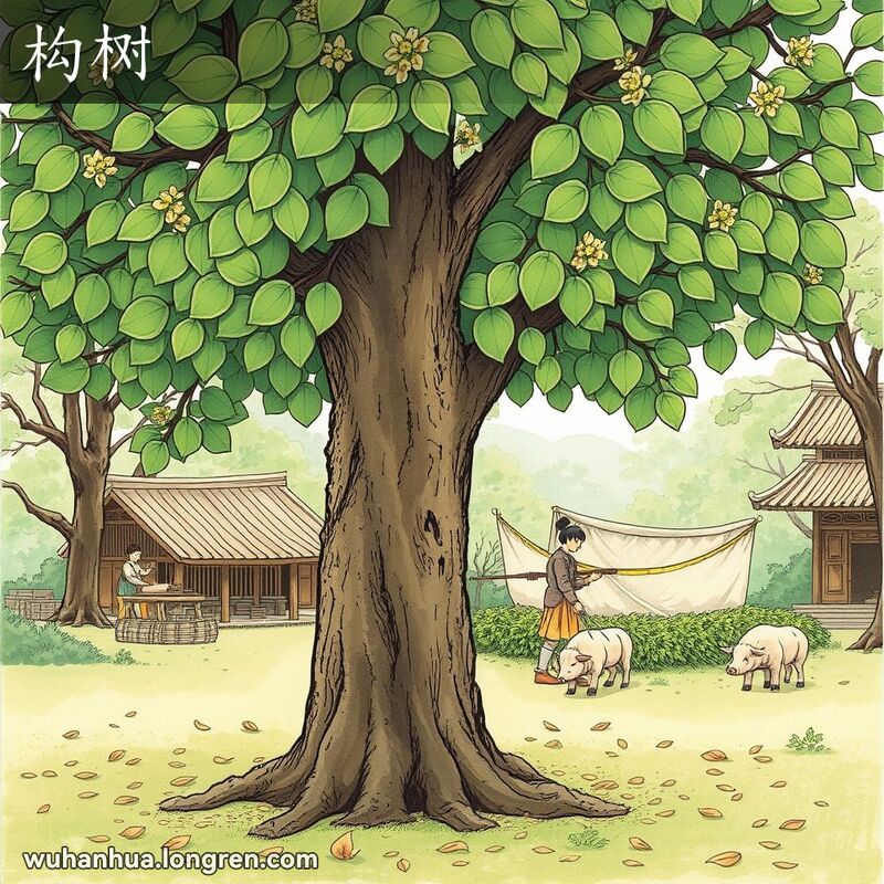 一棵楮树，树叶卵形，树皮粗糙，树下散落着一些叶子，背景是一个宁静的公园和传统的造纸作坊，农民用树叶喂猪。