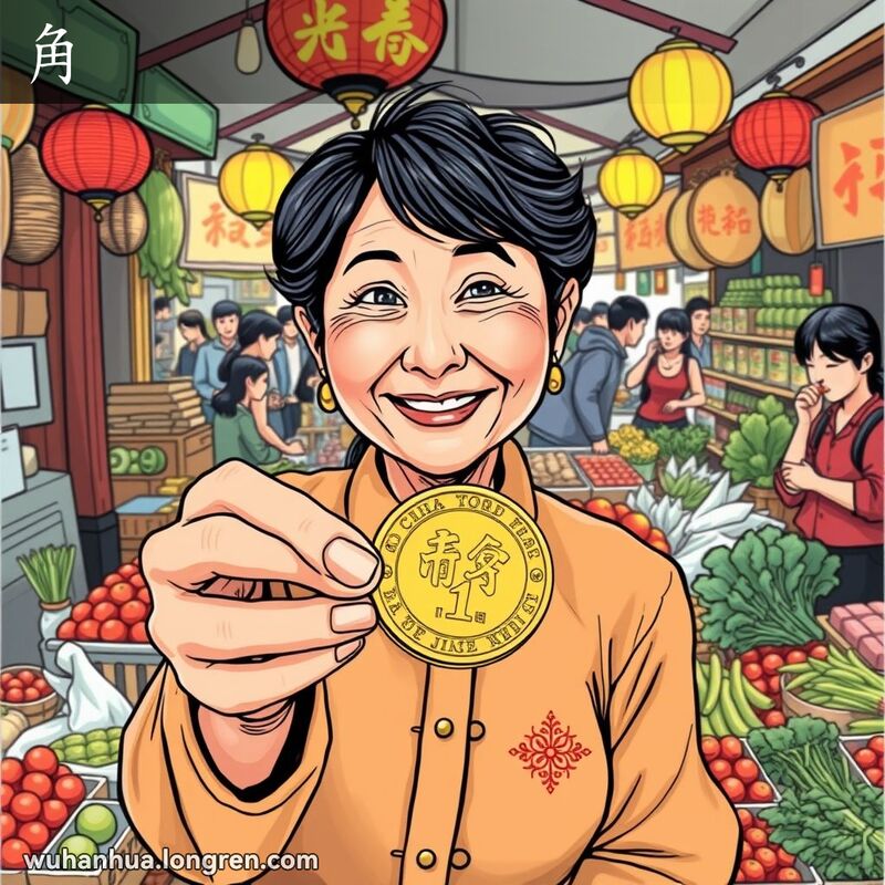 一位友善的中年女摊贩在武汉传统市场摊位前，手持一把硬币，其中有一枚显眼的1角硬币，背景是繁忙的市场场景。
