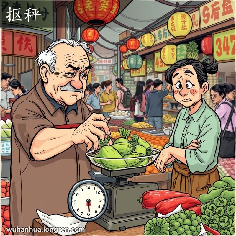武汉传统市场中，摊贩偷偷调整秤的重量，顾客怀疑地注视着，背景是热闹的市场场景