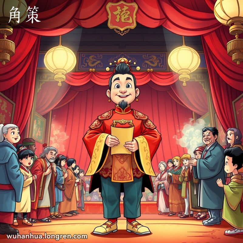 一位武汉戏剧演员站在舞台中央，身穿华丽戏服，手持剧本，周围是各种配角，背景是色彩斑斓的布景和道具。