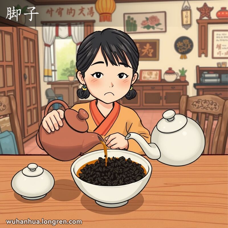 一位武汉妇女在厨房中倒掉茶叶沉淀物，表情略显不悦，背景是温馨的武汉家庭环境