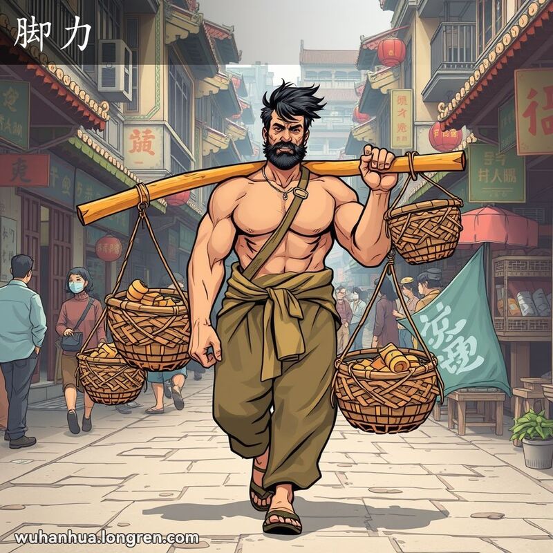 一位强壮的挑夫在武汉老街上挑着货物行走，背景是热闹的市场和传统建筑