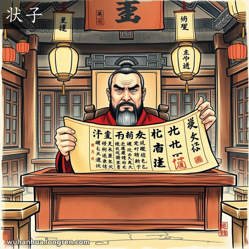 一位古代中国法官在法庭上手持诉状，背景是古色古香的中国建筑