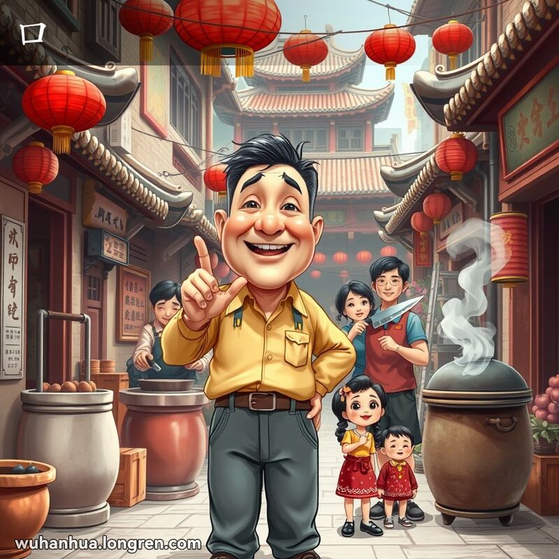 武汉街道上，一位中年男子站在巷子口，指着嘴和巷子，背景有大碗、磨刀的男人和一家三口，还有井、缸和锅。