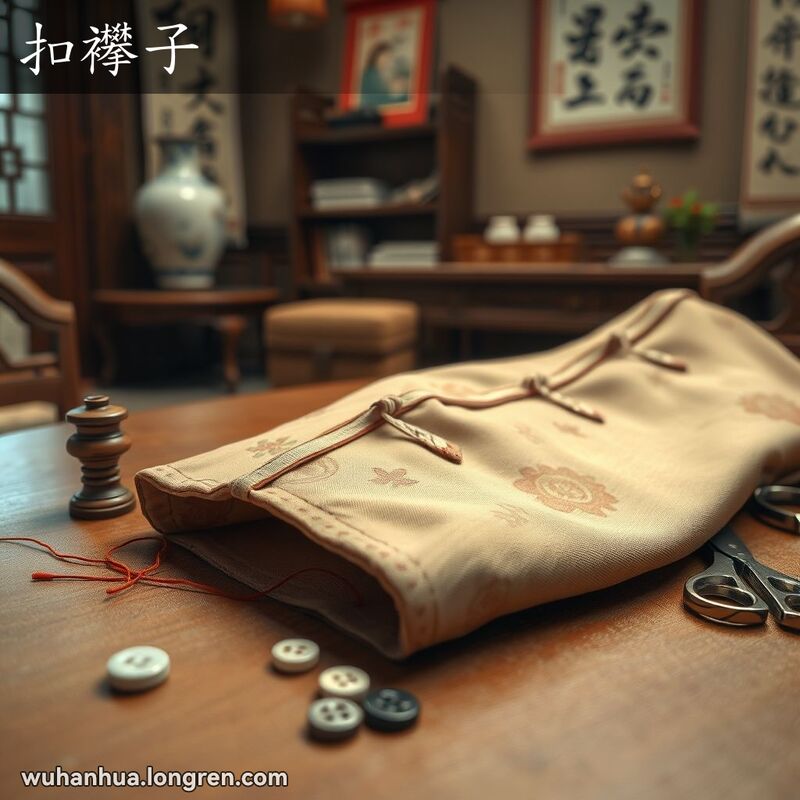 一件传统中国服饰特写，聚焦于纽襻，旁边有缝纫工具包，背景是温馨的中国家庭环境