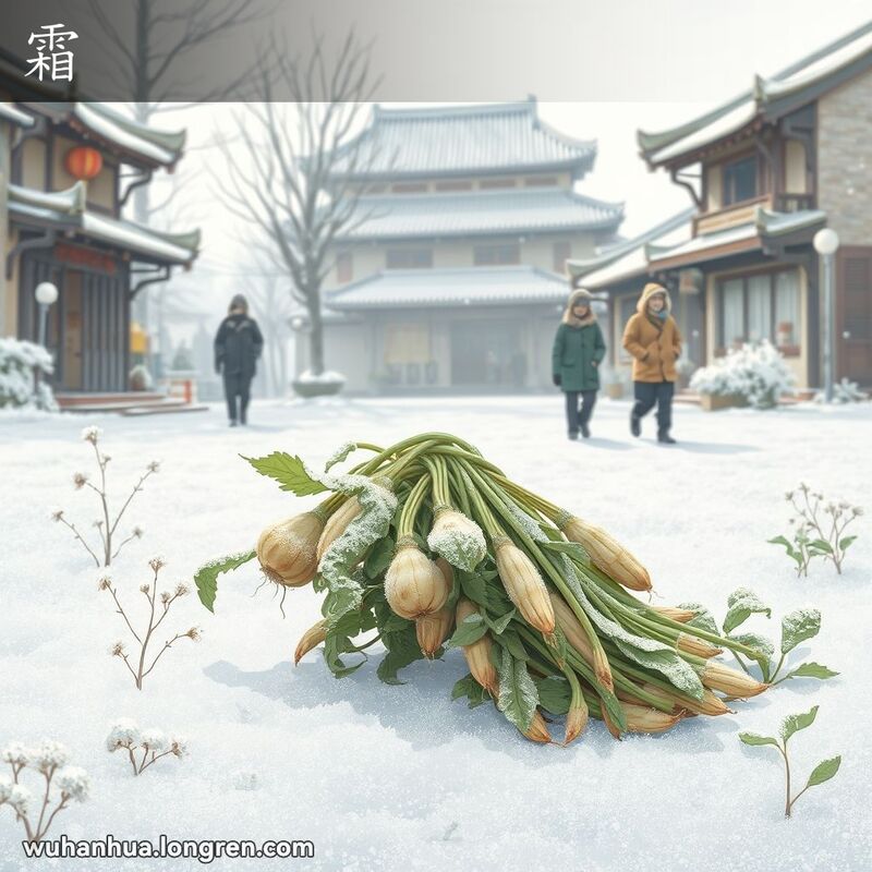 武汉冬季早晨，地面和植物覆盖白霜，蔬菜显得萎靡不振，象征被霜打过的样子，背景是武汉传统街景。