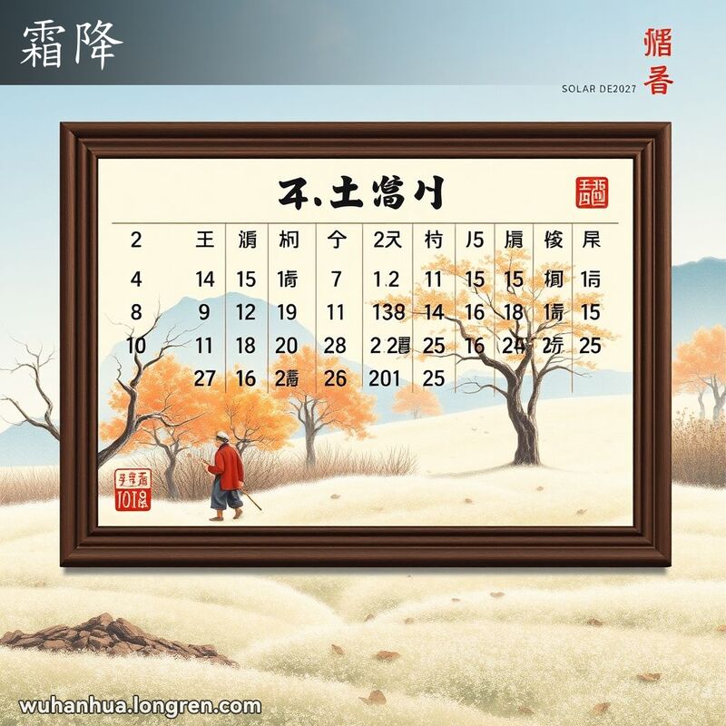 传统农历上显示“霜降”节气，背景是秋天的宁静景象，农民在收获庄稼，准备迎接冬天。