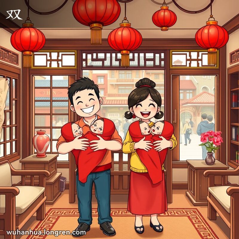 一对武汉夫妇在家中抱着双胞胎宝宝，背景是武汉老街景