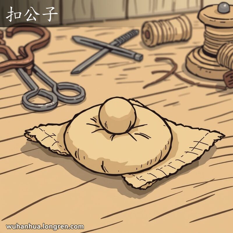 一个旧时布纽扣，纽扣头上有一个小球状物，放置在一块复古布料上，背景是一张乡村风格木桌，桌上有缝纫工具。
