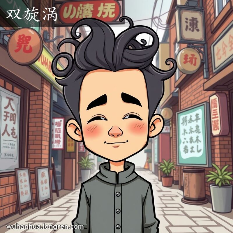 一个人头发上有两个旋涡，站在武汉传统街景前，表情幽默。