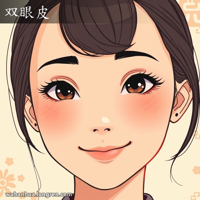 一位年轻女性特写，展示明显的双眼皮，背景为淡色传统中国图案