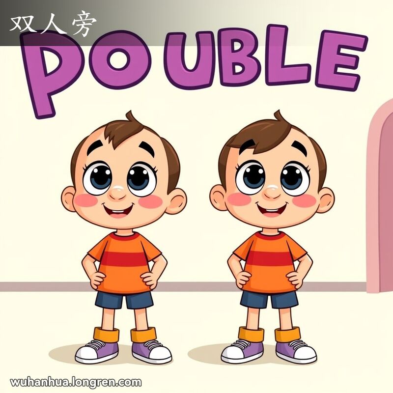 两个卡通人物并排站立，象征“双人旁”，背景简洁明亮，风格轻松漫画风