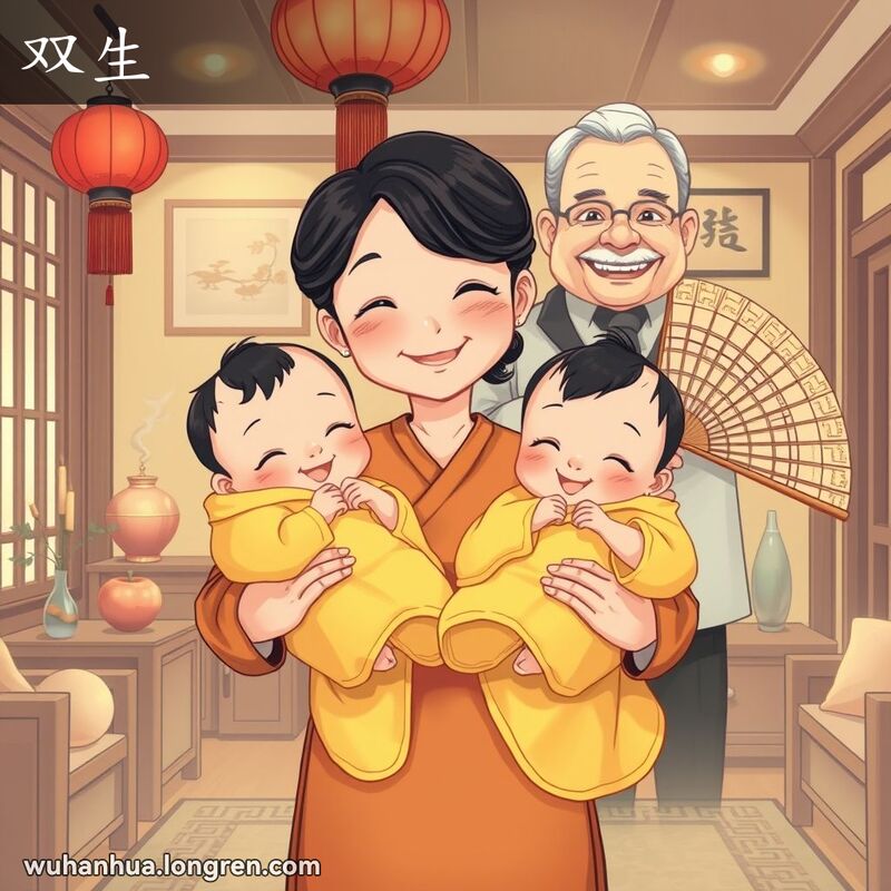 一位武汉母亲在家中怀抱两个一模一样的婴儿，背景是传统的武汉家庭场景，表现“双生”的意思。