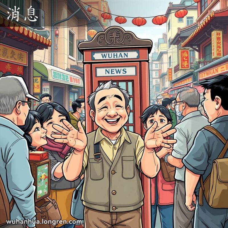 一群武汉市民在街边小摊前讨论最新消息，背景有老式电话亭，画面充满生活气息